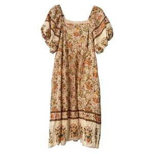 BaeVely Short Balloon Sleeve Floral Tea Length Peasant Dress in Cream Medium